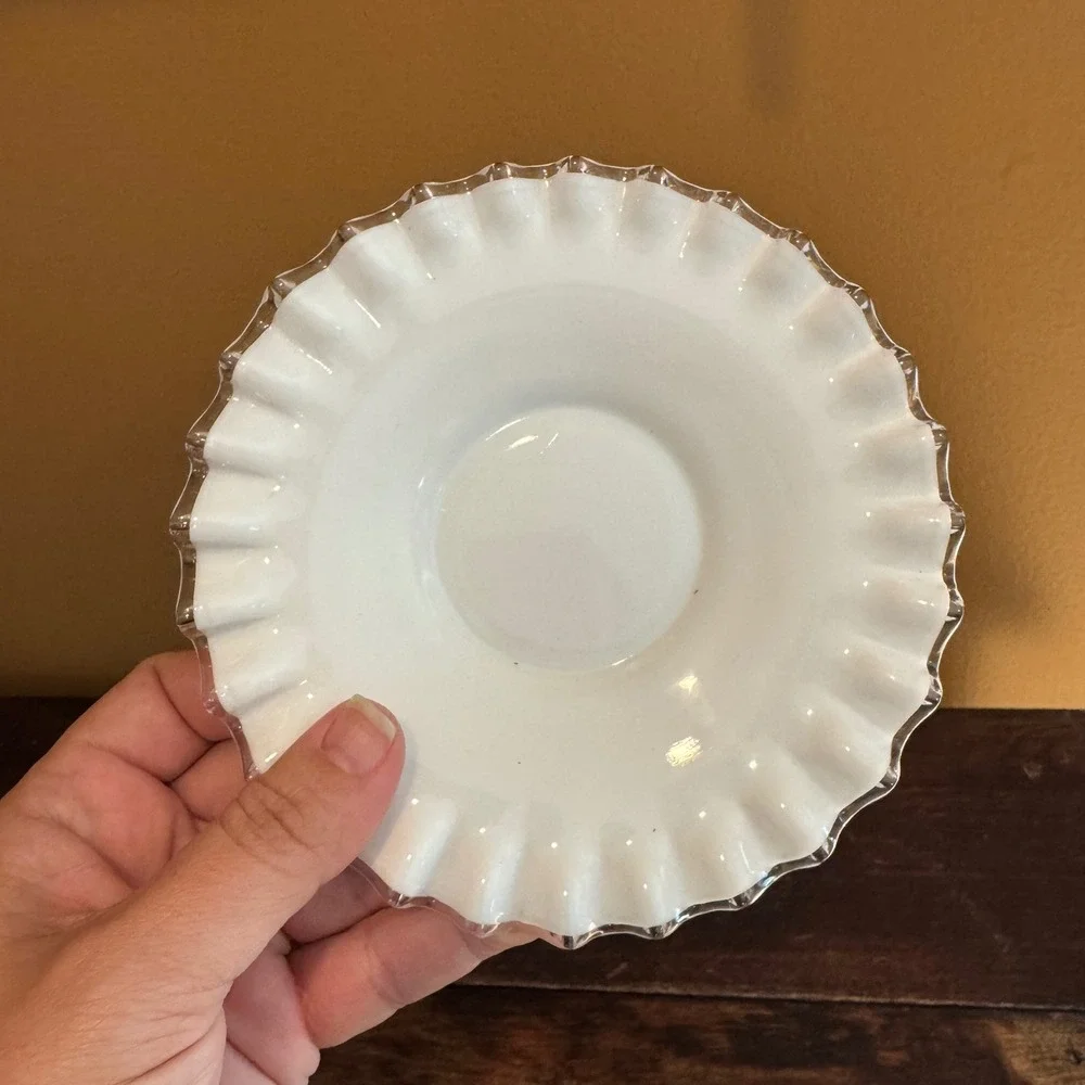 Vintage Fenton Milk Glass Silver Crest Ruffled Edge Condiment Dish Plate‎ White